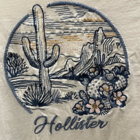 Hollister Classic T-Shirt. Size Small. White with an embroidered landscape. - Picture 2 of 3